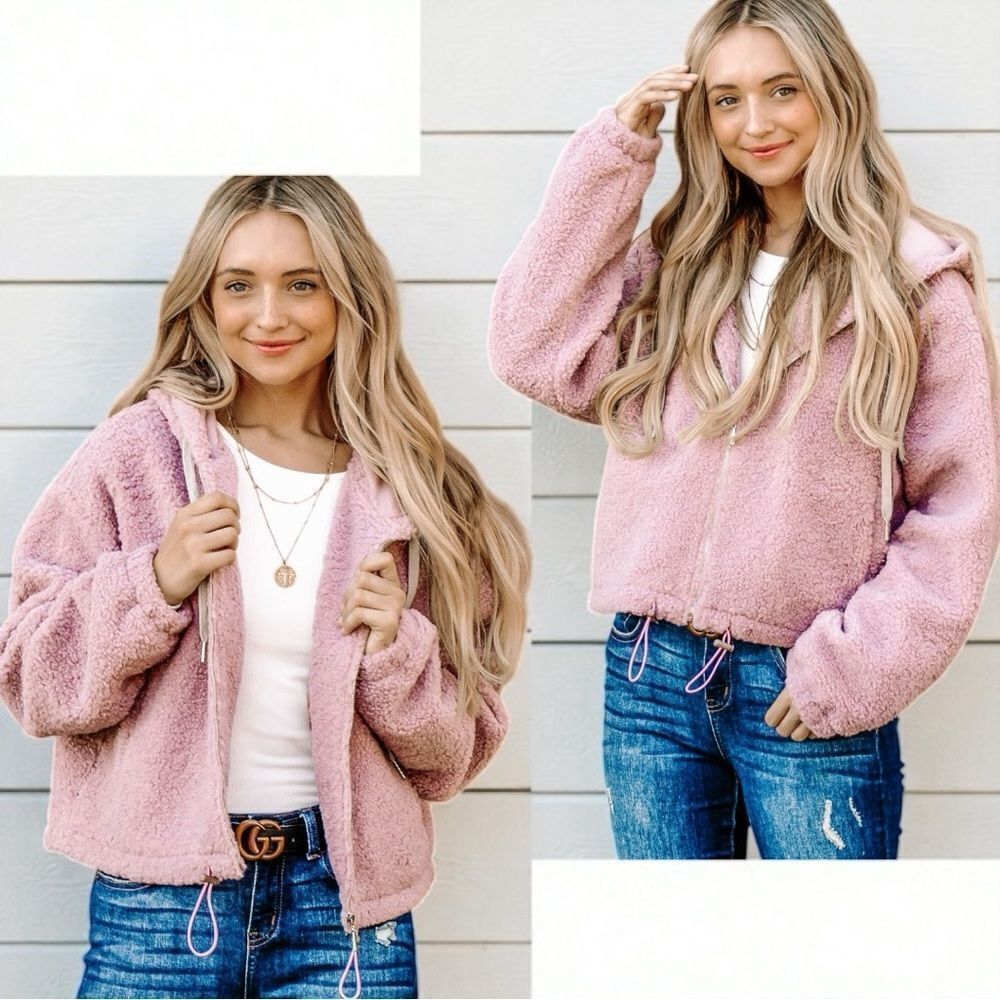 Dusty Pink Sherpa Drawstring Cropped Hooded Jacket Large NWT - And The Why - Picture 3 of 17